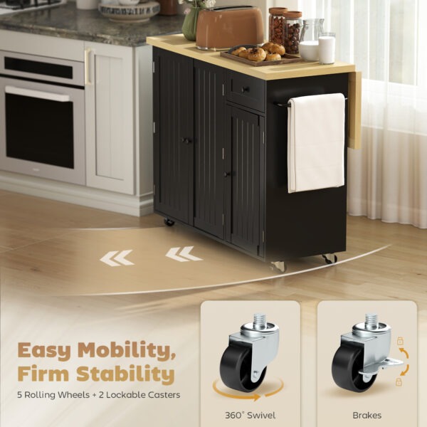 hRP11919b9d6189c2.jpg Kitchen Island Cart, Rolling Kitchen Island Table with Drop Leaf, Drawer, Spice and Towel Rack, Black