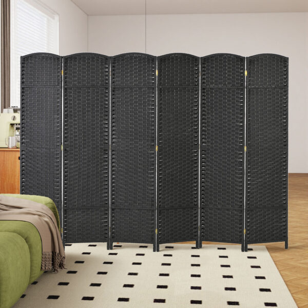 5.6 Ft Tall Folding Room Divider, 6-panel Portable Privacy Screen, Hand-Woven Partition Wall Divider, Black