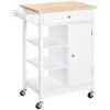 Modern Rolling Kitchen Island Cart with Drawer, Natural Wood Top, Towel Rack, Door Storage Cabinet, White