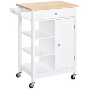 Modern Rolling Kitchen Island Cart with Drawer, Natural Wood Top, Towel Rack, Door Storage Cabinet, White