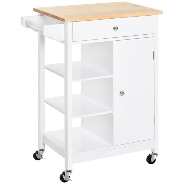 Modern Rolling Kitchen Island Cart with Drawer, Natural Wood Top, Towel Rack, Door Storage Cabinet, White