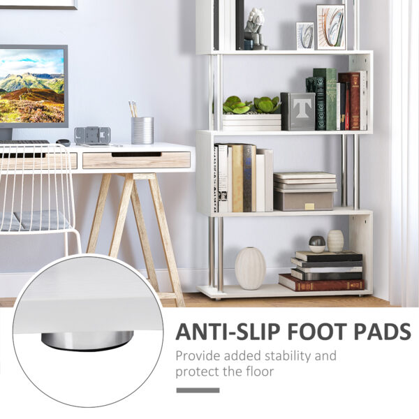 5-Tiers Geometric Wooden Bookcase S-Shaped Storage Bookshelf Display with Metal Frame for Living Room, Bedroom, Home Office, White