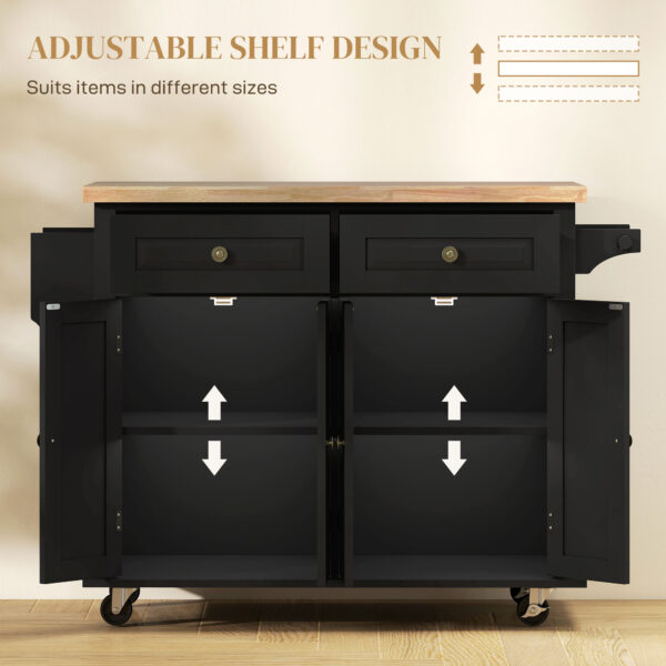 i1b88c19a2f2ba7d6.jpg Rolling Kitchen Island with Rubber Wood Top and Storage, Spice Rack, Towel Rack, Black