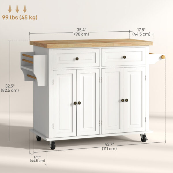 i6Sa0319495c2eedf.jpg Kitchen Island with Storage, Rolling Trolley Cart with Rubber Wood Top, Spice Rack, Towel Rack, Cream White
