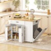 Kitchen Island Cart, Portable Kitchen Island Table with Charging Station, Rubber Wood Drop Leaf, Trash Storage, White