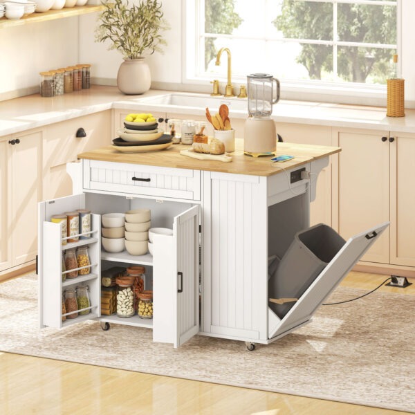 Kitchen Island Cart, Portable Kitchen Island Table with Charging Station, Rubber Wood Drop Leaf, Trash Storage, White