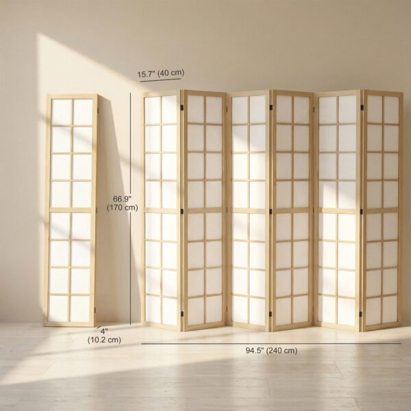 6 Panel Room Divider, 5.6 ft Folding Wall Divider Room Partition for Home Office, Bedroom, Living Room, Natural Wood