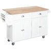 Kitchen Island with Storage, Rolling Kitchen Island with Drop Leaf, Rubber Wood Top and Adjustable Shelves, White