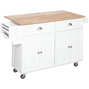 Kitchen Island with Storage, Rolling Kitchen Island with Drop Leaf, Rubber Wood Top and Adjustable Shelves, White