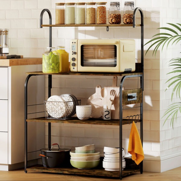 Baker's Rack with Charing Station, Microwave Shelf with Power Outlet, USB Charger and 4 Hooks, Rustic Brown