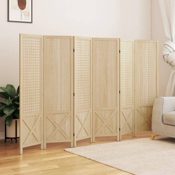 Wooden Room Divider with Pegboard Display, 6 Panel Folding Privacy Screen for Home Office, Natural Wood