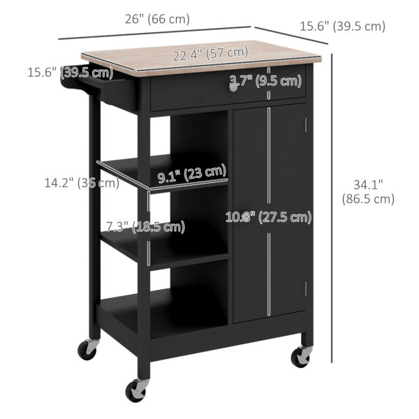 Modern Rolling Kitchen Island Cart with Drawer, Natural Wood Top, Towel Rack, Door Storage Cabinet, Black