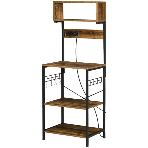 Rustic brown baker’s rack with charging station, shelves, and 5 hooks