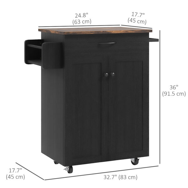 Modern Rolling Kitchen Island Cart with Drawer, Natural Wood Top, Towel Rack, Door Storage Cabinet, Distressed Black