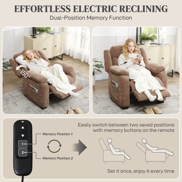 Massage Recliner Chair, Power Recliner with Quiet Brushless Motor, Remote, Pockets, 2 Memory Positions, Brown