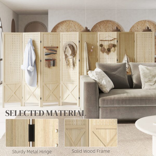 Wooden Room Divider with Pegboard Display, 8 Panel Folding Privacy Screen for Home Office, Natural Wood