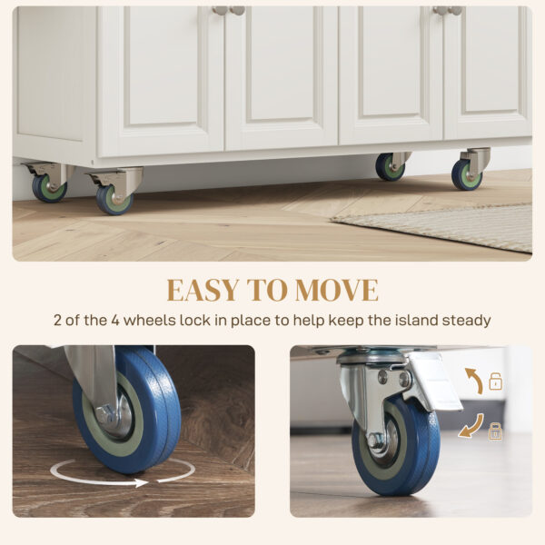 Kitchen Island with Storage, Rolling Kitchen Island with Drop Leaf, Rubber Wood Top and Adjustable Shelves, Cream White