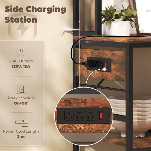 Kitchen Baker's Rack with Power Outlet and LED Light, 5-Tier Coffee Bar Station with 10 Hooks, Rustic Brown