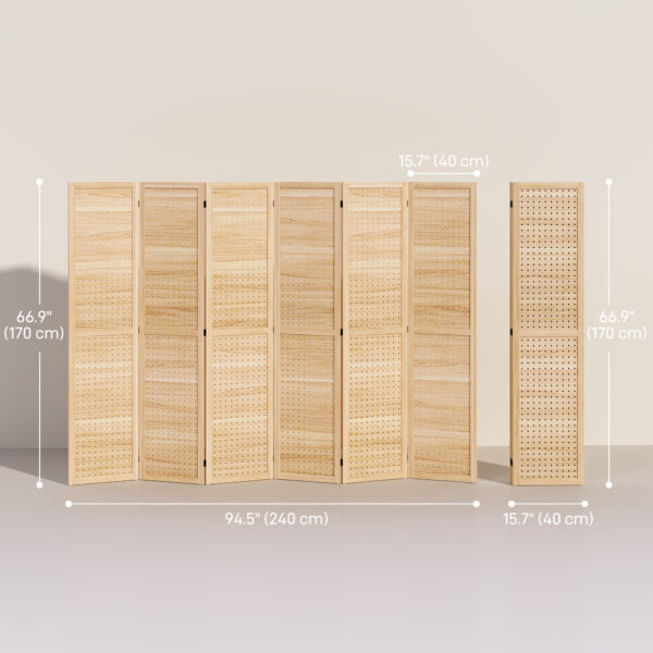 5.6 Ft. Tall 6-Panel Room Divider, Pegboard Panel Freestanding Folding Privacy Screen Panels, Partition Wall Divider for Indoor Bedroom Office, Natural