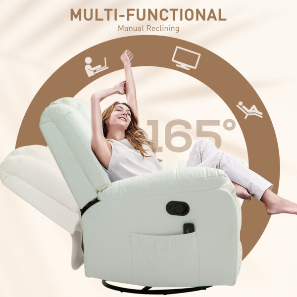 8-Point Vibration Massage Recliner Chair with Comfor Padding, Remote Control, Side Pockets, Swivel Nursery Rocking Chair, Cream White