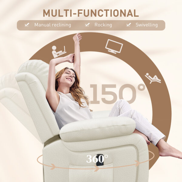 Leather Reclining Chair with Vibration Massage, Swivel Base, Rocking Function, Remote Control, Cream White