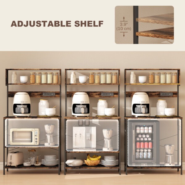 Baker's Rack with Charing Station, Microwave Shelf with Power Outlet, USB Charger and 5 Hooks, Rustic Brown