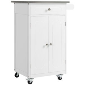 Kitchen Cart, Small Kitchen Island, Stainless Steel Top Utility Trolley on Wheels with Storage Drawer for Dining Room, Kitchen (White)