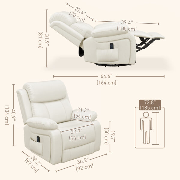Leather Reclining Chair with Vibration Massage, Swivel Base, Rocking Function, Remote Control, Cream White