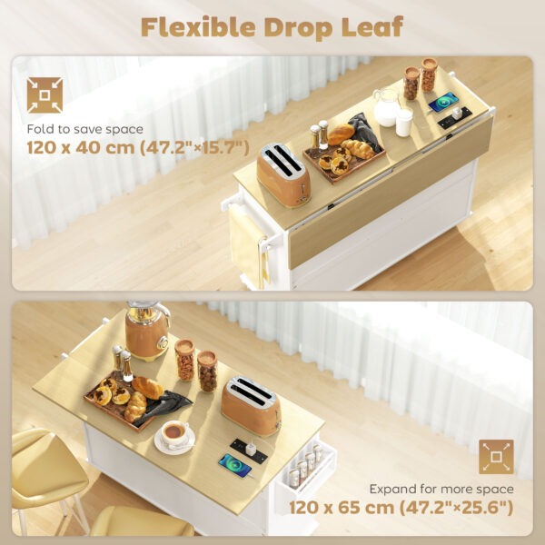 ktQcb519b9ee10c86.jpg Kitchen Island Cart with Power Outlet & Drop Leaf, 55" Rolling Kitchen Island on Wheels with Storage, White