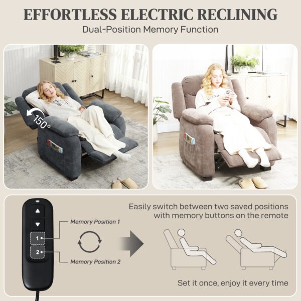 Massage Recliner Chair, Power Recliner with Quiet Brushless Motor, Remote, Pockets, 2 Memory Positions, Dark Grey