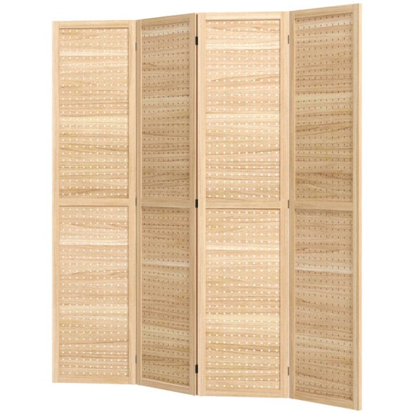 5.6 Ft. Tall 4-Panel Room Divider, Pegboard Panel Freestanding Folding Privacy Screen Panels, Partition Wall Divider for Indoor Bedroom Office, Natural