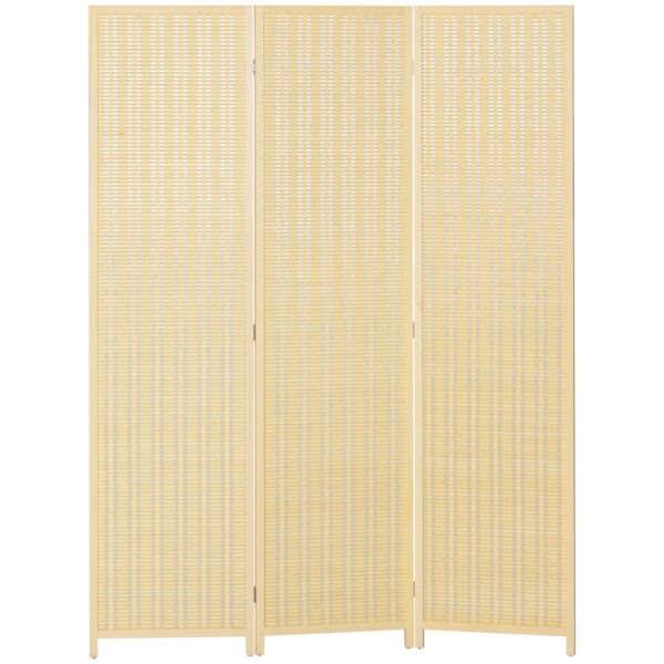 3‑panel woven bamboo room divider in natural wood finish used as an indoor privacy screen.