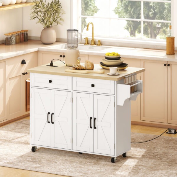 lCu7f719b9e5c0302.jpg Kitchen Island with Storage, Rolling Kitchen Cart with Charging Station, Drop Leaf, Spice Rack, Towel Rack, Drawers