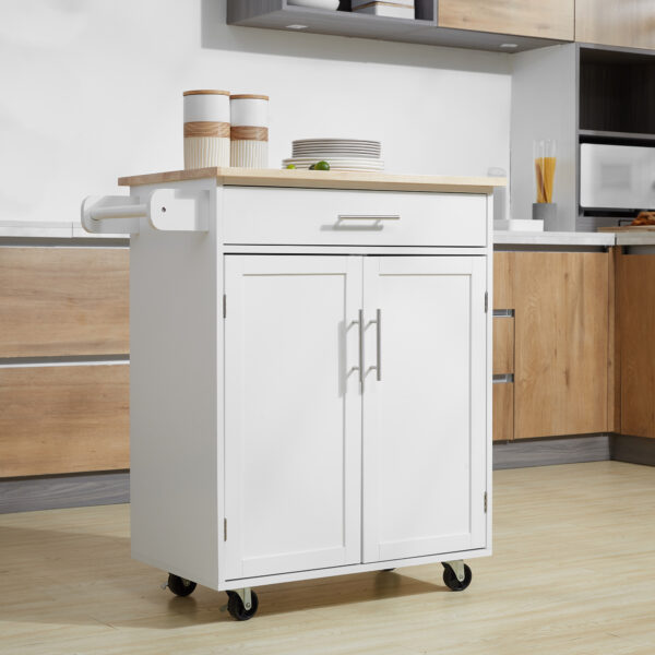 Kitchen Trolley Mobile Kitchen Island on Wheels Serving Cart Wooden Storage w/ Drawer and Towel Bar White