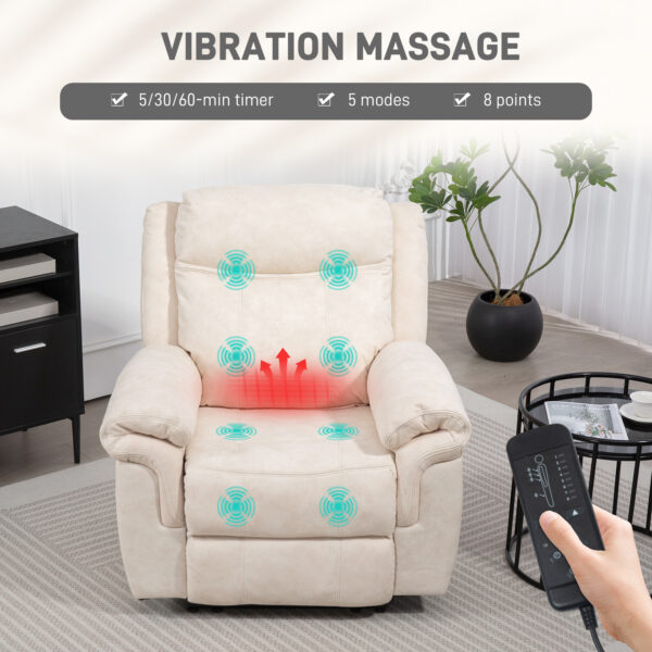 Manual Recliner Chair with Vibration Massage, Side Pockets, Microfibre Reclining Chair for Living Room, Cream White