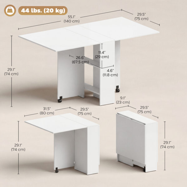 Extendable Dining Table, Collapsible Folding Table w/ 2-tier Shelves and Rolling Casters, White