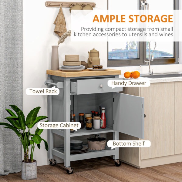Kitchen Cart on Wheels, Rolling Kitchen Island Cart with Wood Top, Towel Rack, Drawer and Shelf for Dining Area, Grey