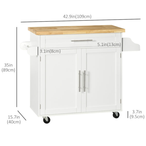Kitchen Island with Storage, Rolling Cart Trolley with Rubberwood Top, Adjustable Shelf, Drawer, Spice Rack, White