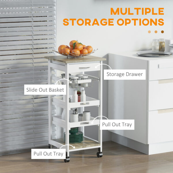 Rolling Kitchen Island Cart, Mobile Utility Storage Cart with Drawer, Wire Storage Basket, Removable Tray, White
