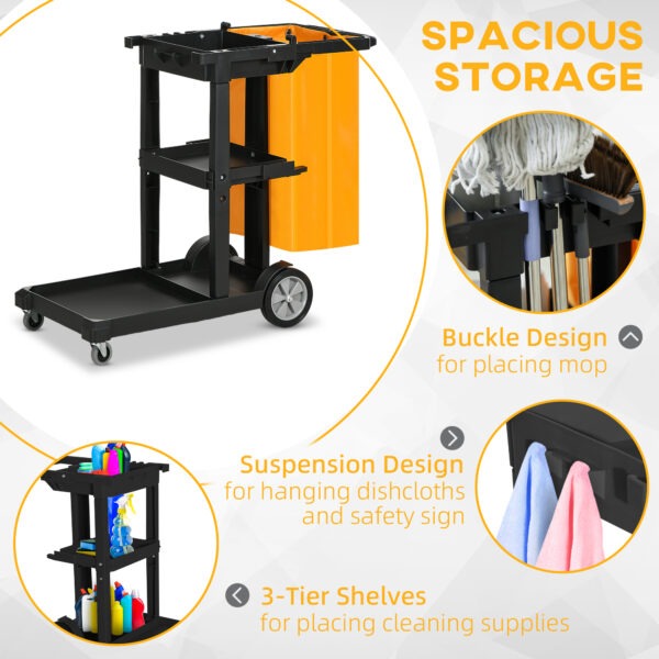 Janitorial Cart with 3 Shelves, Cleaning Cart on Wheels with Rubbish Bag and Mop Holders for Hotel, Housekeeping, Black