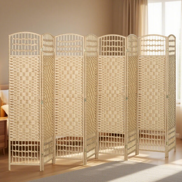 8 Panel Folding Room Divider, Portable Privacy Screen, Wave Fiber Room Partition for Home Office, Natural
