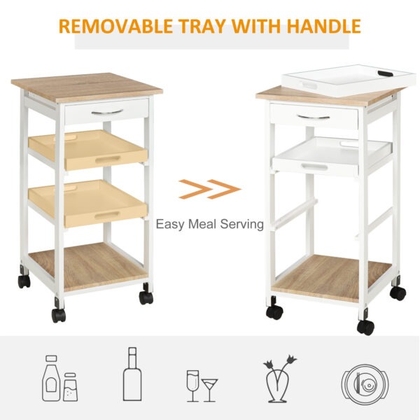 Bar Cart, 4-Tier Kitchen Cart with Removable Serving Tray, Kitchen Shelves on Wheels with Drawer for Dining Room, Living Room, White
