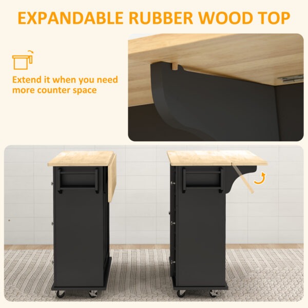 Kitchen Island on Wheels, Kitchen Cart with Drop Leaf, Drawers, Black