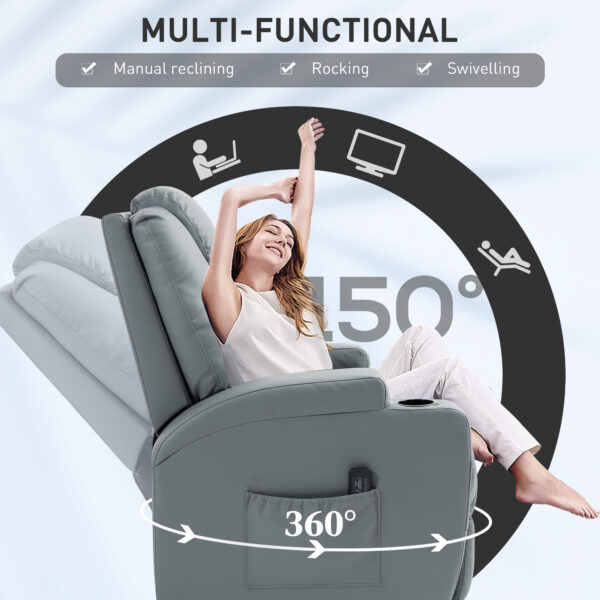 nVT6b419496d48056.jpg Massage Recliner Chair Leather Swivel Rocker Manual Reclining Chair with 8 Vibration Points, Cup Holders, Light Grey