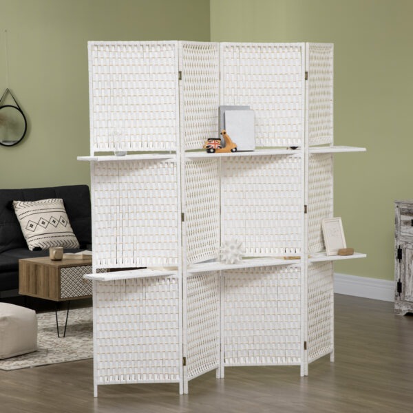 o1E6d019bdac38e13.jpg 4 Panel Room Divider with Shelves, 6 FT Freestanding Folding Privacy Screen, Partition Wall Divider for Bedroom, White
