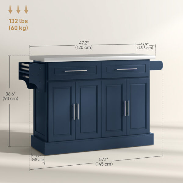 Rolling Kitchen Island with Stainless Steel Top, Kitchen Trolley with 2 Drawers, Cabinets, Towel/Spice/Knife Rack, Blue