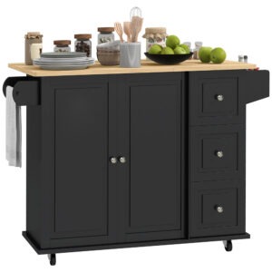 Kitchen Island on Wheels, Kitchen Cart with Drop Leaf, Drawers, Black