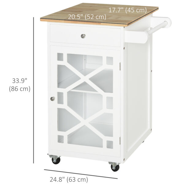 Kitchen Cart on Wheels, Rolling Kitchen Island with Drawer, Glass Door, Towel Rack and Adjustable Shelf, White