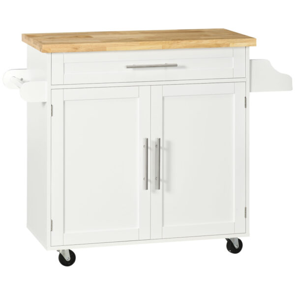Kitchen Island with Storage, Rolling Cart Trolley with Rubberwood Top, Adjustable Shelf, Drawer, Spice Rack, White