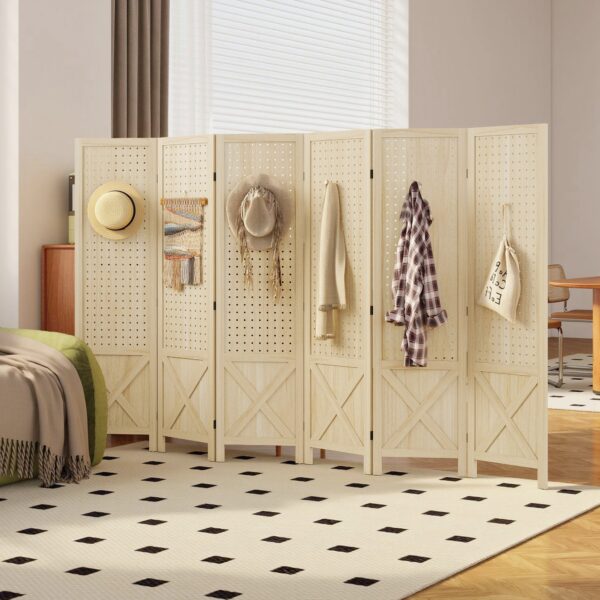 Wooden Room Divider with Pegboard Display, 6 Panel Folding Privacy Screen for Home Office, Natural Wood